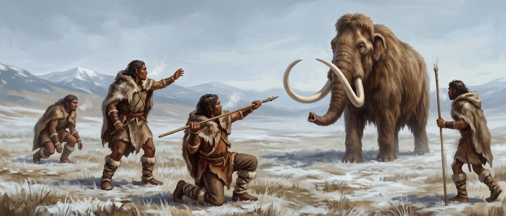Mammoth hunt scene, artwork from the game
